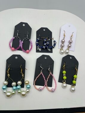 Beaded Hoop and Drop Earring Collection - Pink, Blue, Pearl, Green 6 pairs